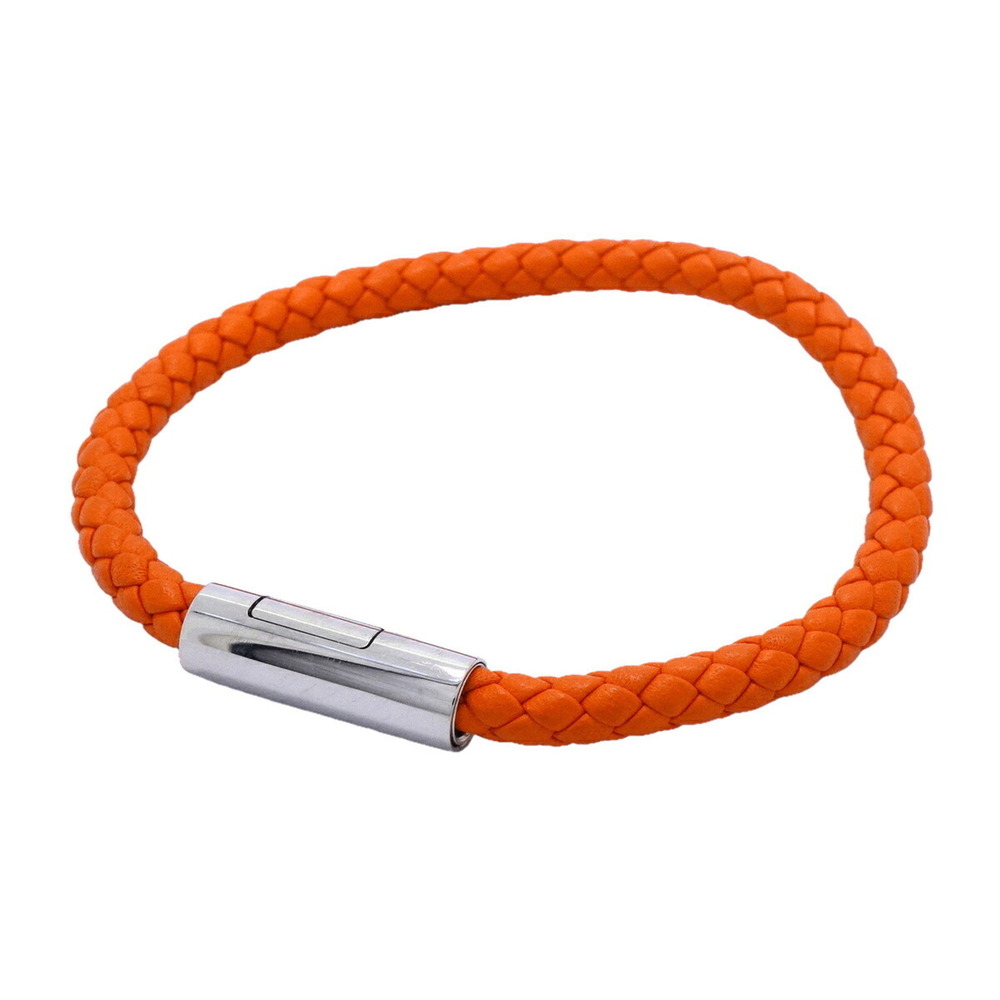 HERMES Silver Leather Charm Bracelet